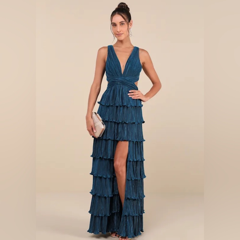 Beauty Icon Dark Teal Satin Pleated Tiered Lace-Up Maxi Dress